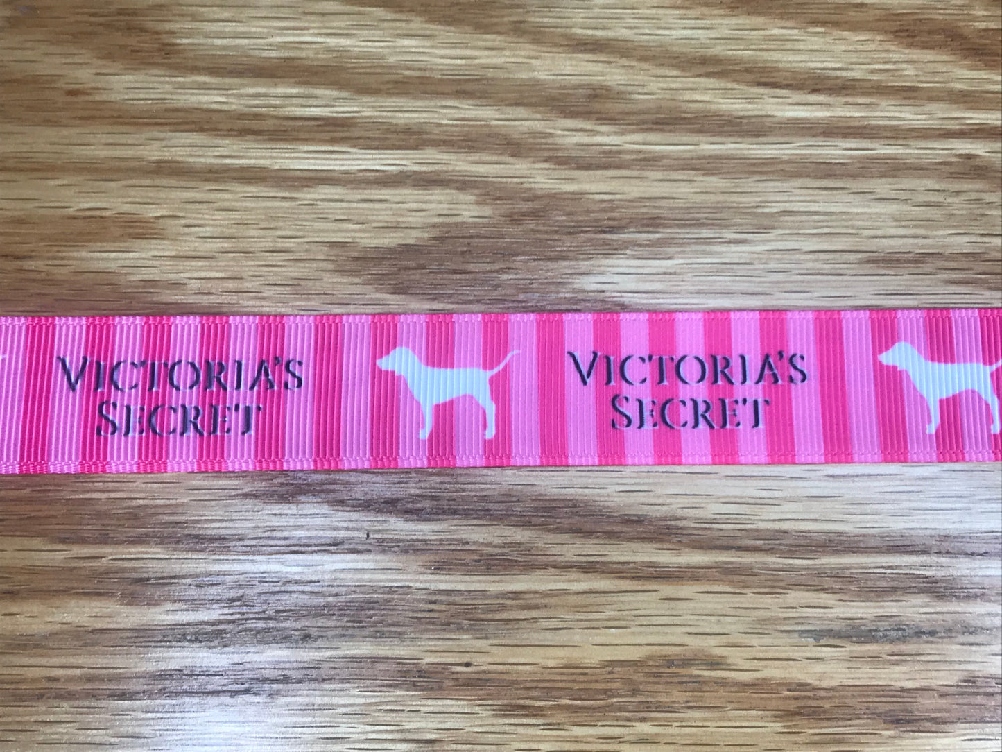 7/8" Wide Victoria's Secret Pink Stripes with Dog Printed Grosgrain Ribbon