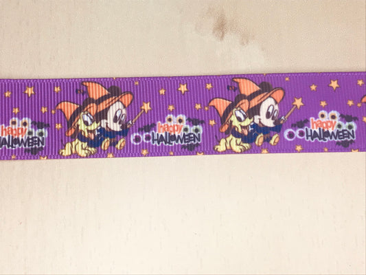 1" Wide Disney Mickey Mouse & Pluto Happy Halloween Printed Grosgrain Ribbon
