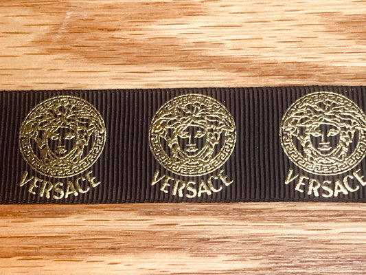 1" Wide Black Grosgrain Ribbon With Gold Foil Metallic Versace Logo