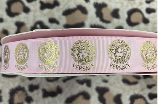1" Wide Pink Grosgrain Ribbon With Gold Foil Metallic Versace Logo