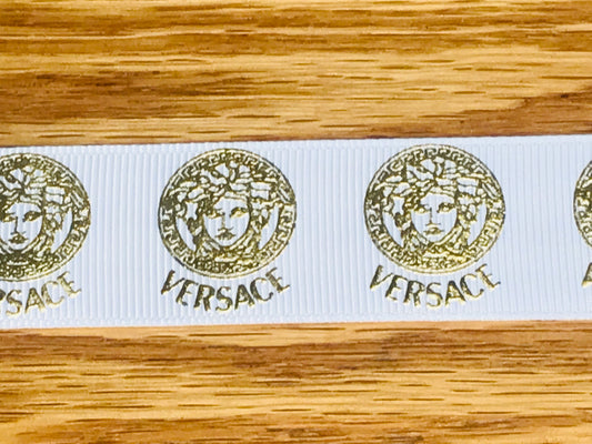 1" Wide White Grosgrain Ribbon With Gold Foil Metallic Versace Logo