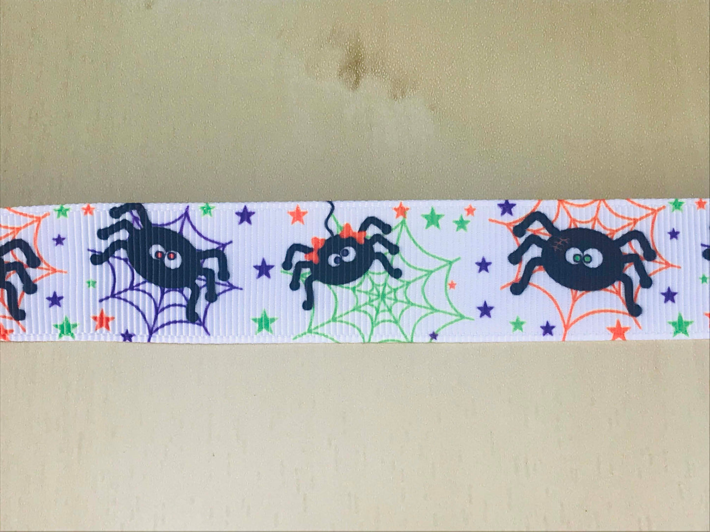 1" Wide White Grosgrain With Cute Spiders
