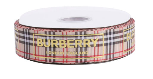 1-1/2" Wide Famous Plaid With Gold Color Foil Hologram Designer Burberry Classic Logo Grosgrain Ribbon