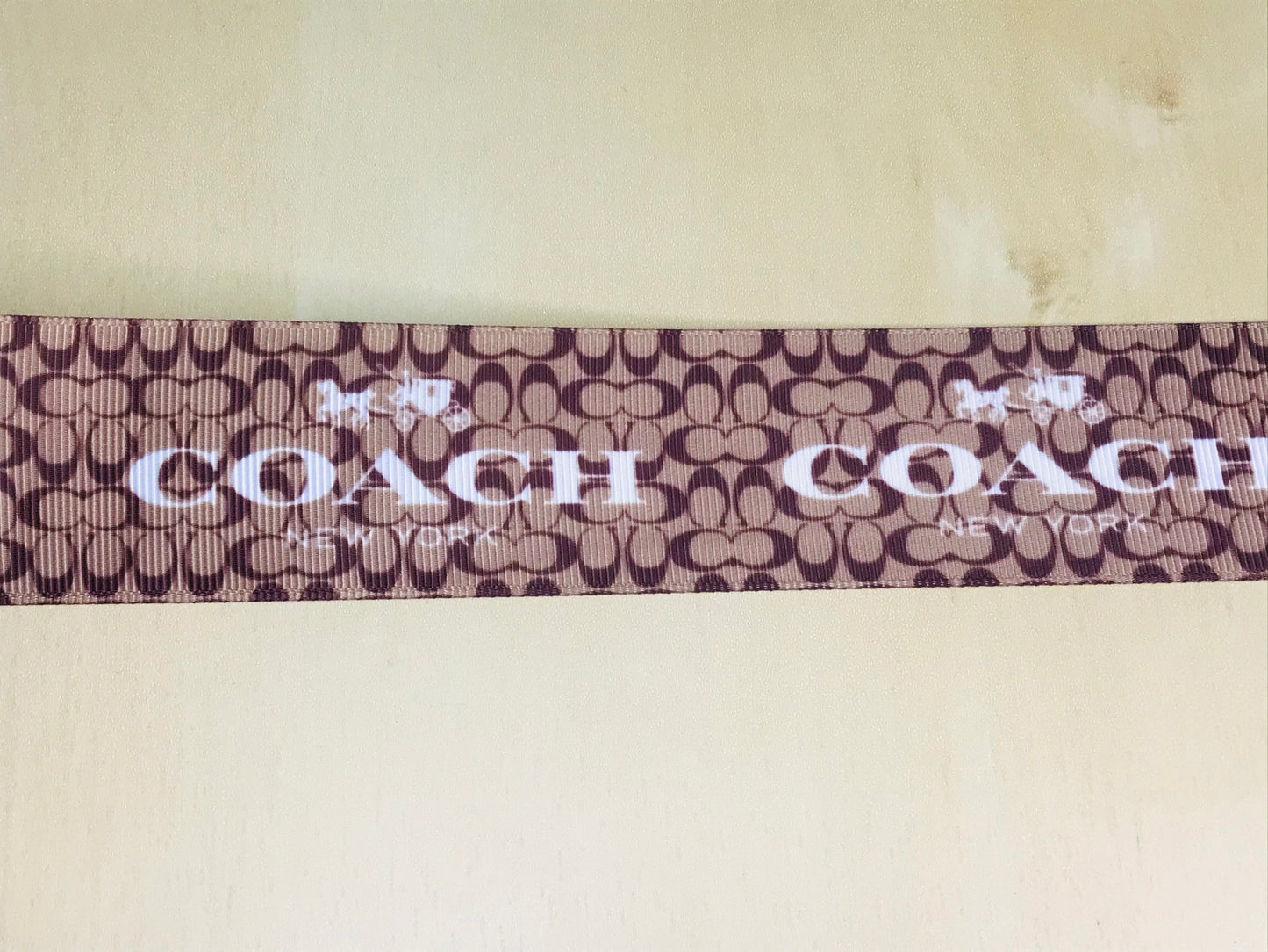 1-1/2" Wide Dark and Light Brown With White Coach Inspired Grosgrain Ribbon Logo Famous Designer