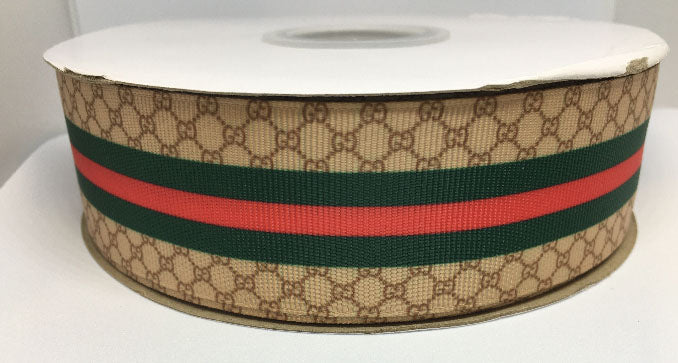 1-1/2" Green and Red Gucci GG Center Stripes Printed Grosgrain Ribbon