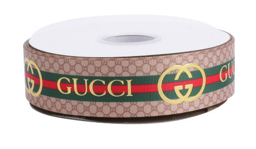 1-1/2" Wide Gucci Center Stripes With Gold Foil Logo Printed Grosgrain Ribbon