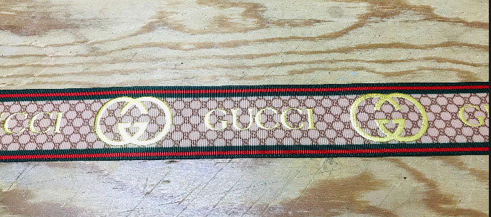 1-1/2" Wide Gucci Center Stripes With Gold Foil Logo Printed Grosgrain Ribbon