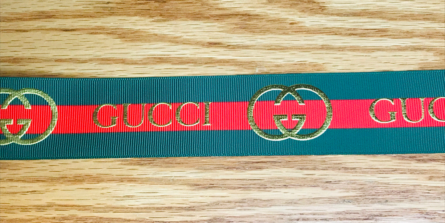 1-1/2" Wide Gold Foil Metallic Gucci Inspired Red & Green Striped Grosgrain Ribbon