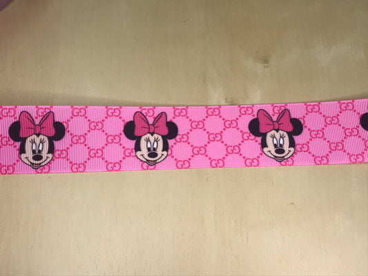 1-1/2" Wide Minnie Mouse Face Pink And White Gucci Printed Grosgrain Ribbon