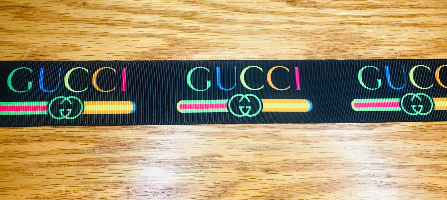 1-1/2" Wide Famous Brand Designer Gucci Black Grosgrain Ribbon With Primary Colors