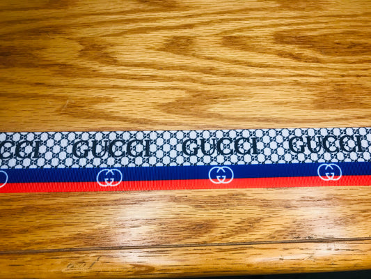 1-1/2" Wide Gucci Red White Black & Blue Designer Logo Printed Grosgrain Ribbon