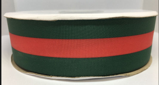 1-1/2" Wide Green and Red Gucci GG Stripe Printed Grosgrain Ribbon