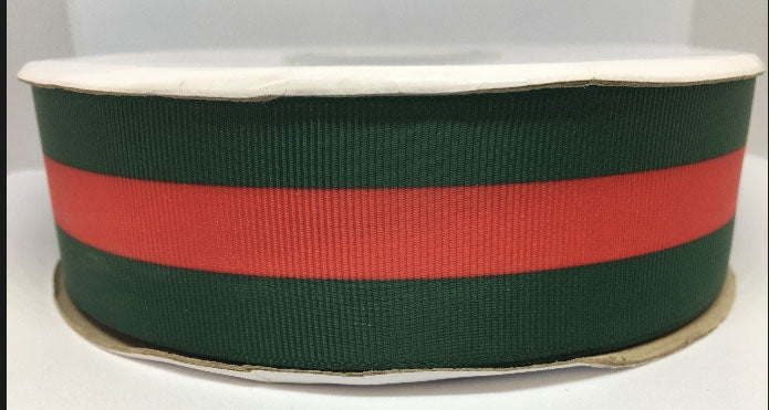 1-1/2" Wide Green and Red Gucci GG Stripe Printed Grosgrain Ribbon