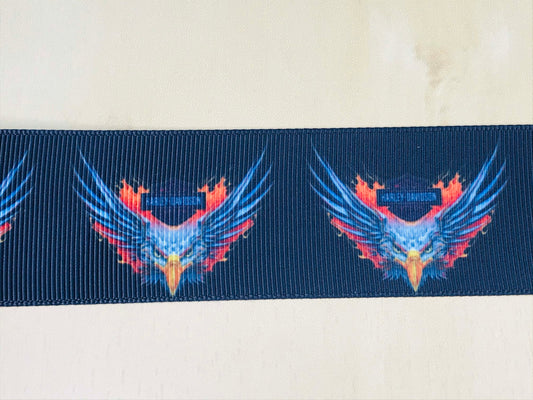 SALE 1-1/2" Wide Harley Davidson Flames and Bald Eagle American Motorcycle Grosgrain Ribbon