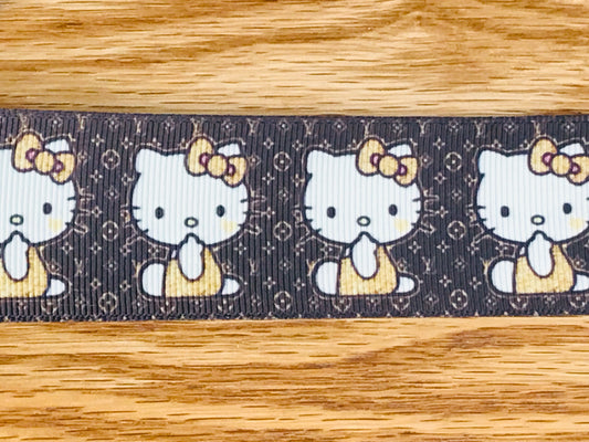 1-1/2" Wide Famous Brown and Gold Hello Kitty & Designer Brand Louis Vuitton LV Logo Grosgrain Ribbon