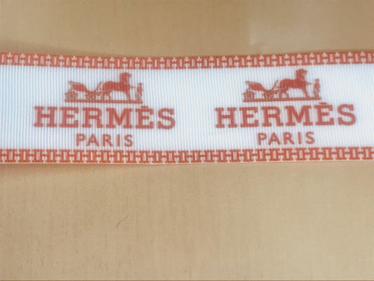 1-1/2" Wide Hermes Orange and White Horse and Carriage Designer Grosgrain Ribbon