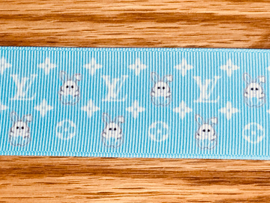 SALE 1-1/2" Wide Famous Designer LV Louis Vuitton Logo With Easter Bunny Rabbits On Blue Grosgrain Ribbon
