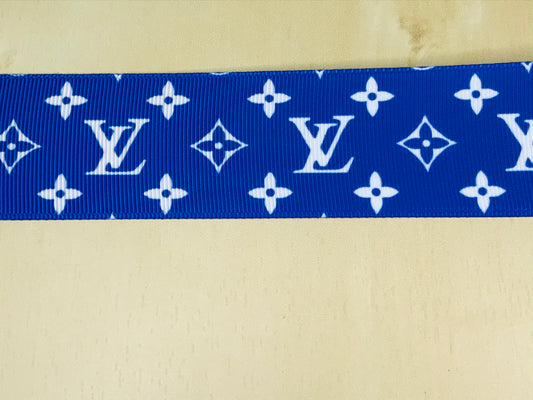 1-1/2" Wide Famous Blue and White Designer LV Louis Vuitton Logo Grosgrain Ribbon