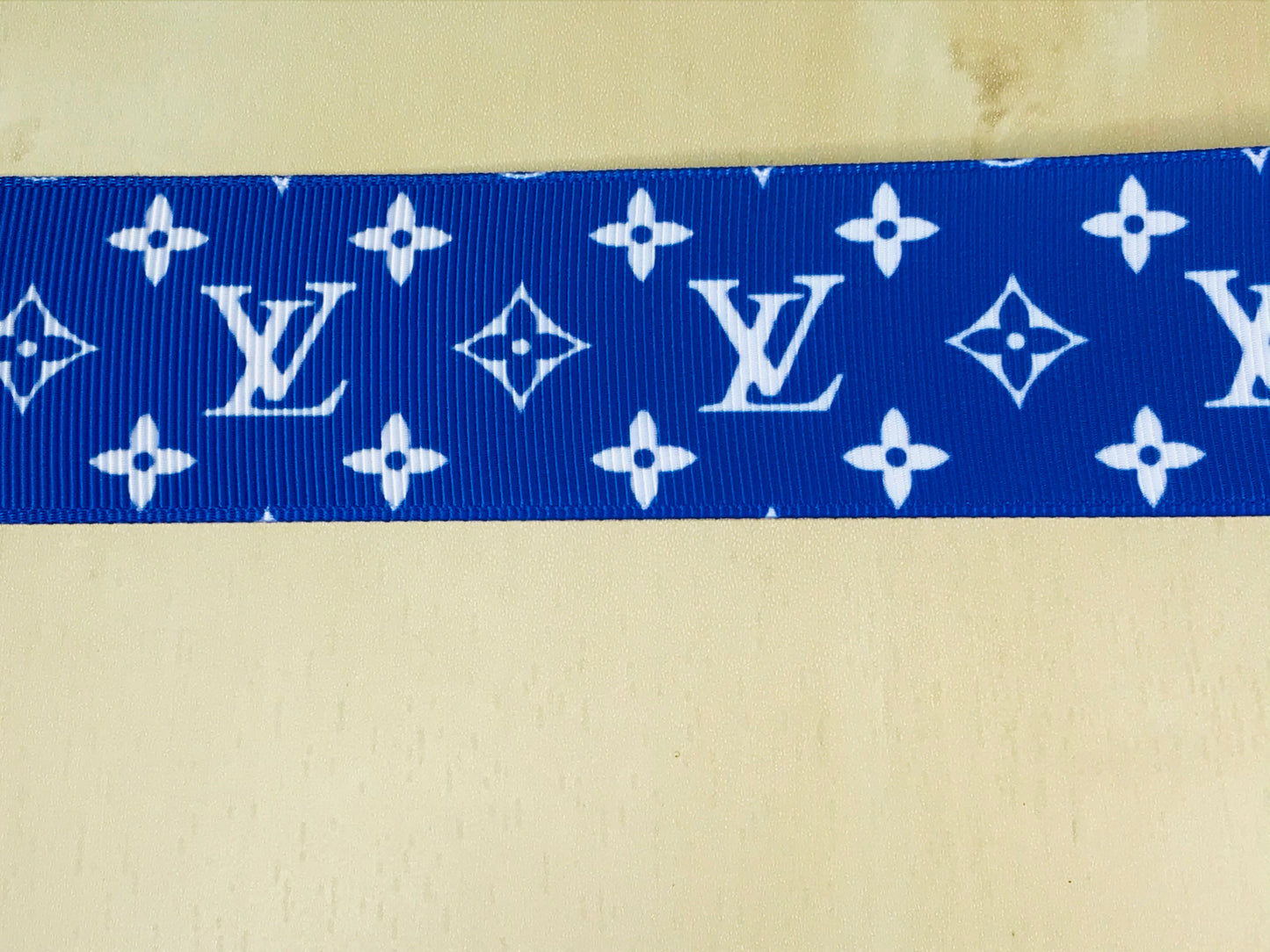 7/8" Wide Famous Blue and White Designer LV Louis Vuitton Logo Grosgrain Ribbon