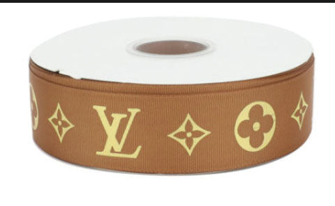 1-1/2" Wide Famous Light Brown with Gold Color Foil Hologram Designer Louis Vuitton LV Classic Logo Grosgrain Ribbon