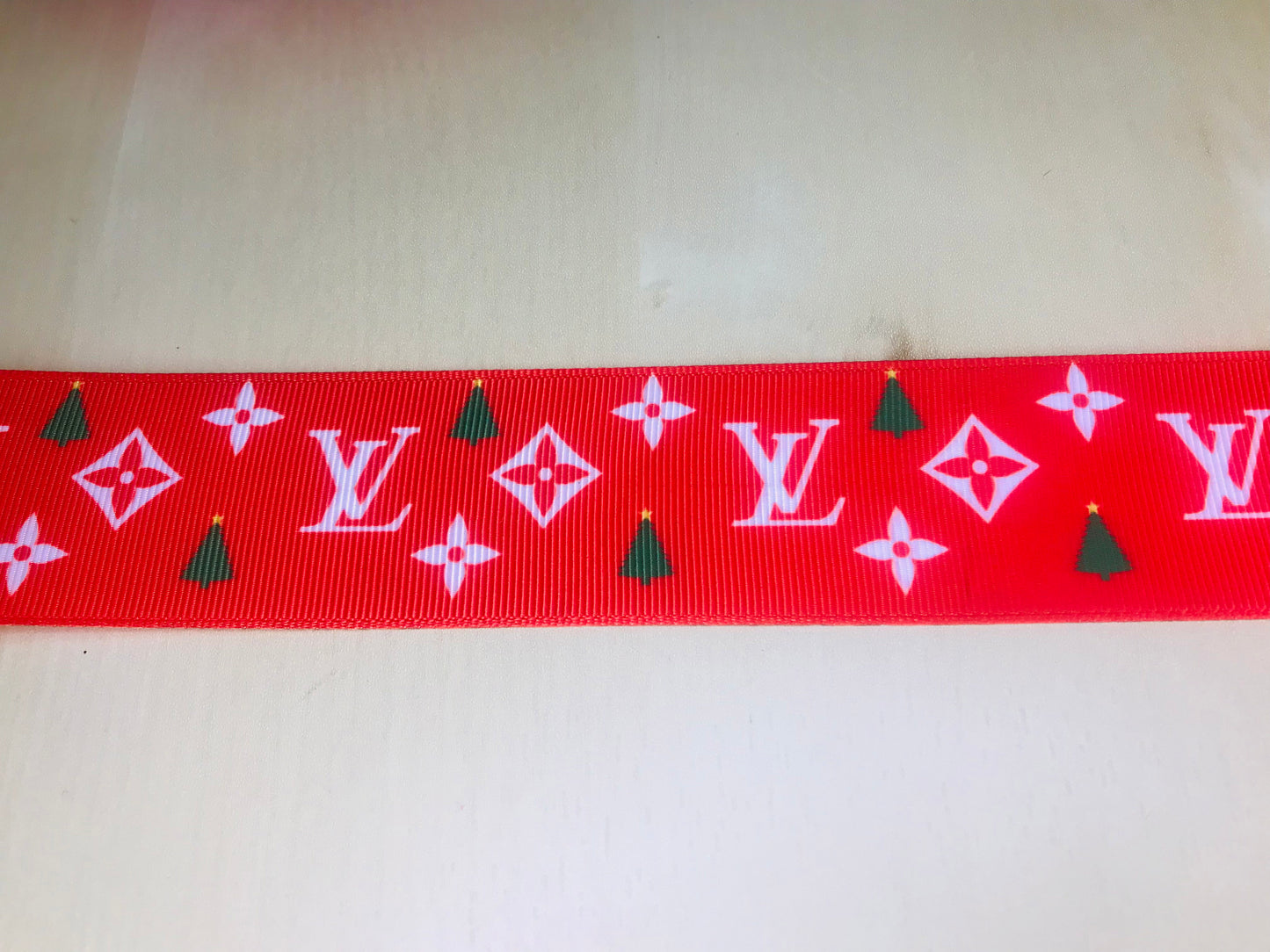1-1/2" Wide Louis Vuitton LV Logo Christmas Tree Printed Grosgrain Ribbon