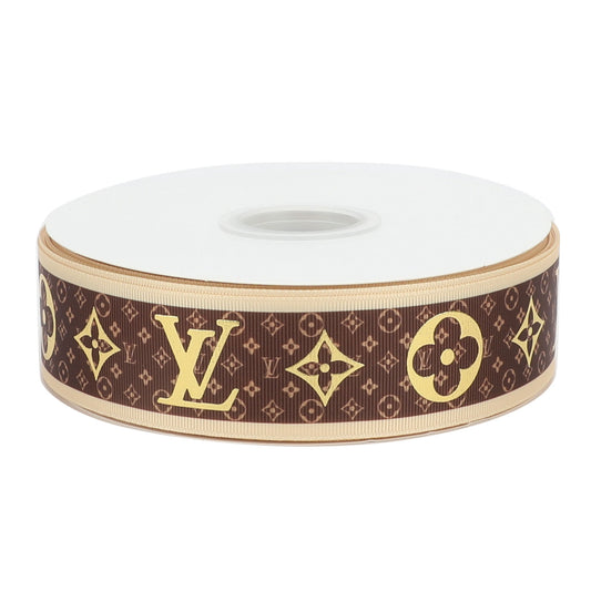 1-1/2" Wide Famous Brown with Gold Color Foil Hologram Designer Louis Vuitton LV Classic Logo Grosgrain Ribbon