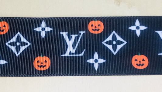 1-1/2" Wide Louis Vuitton LV Logo Halloween Pumpkin Grosgrain Ribbon