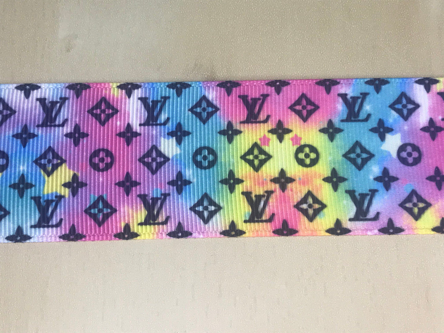 1-1/2" Wide Louis Vuitton Multiple Primary Bright Color Fade LV Logo Printed Grosgrain Ribbon