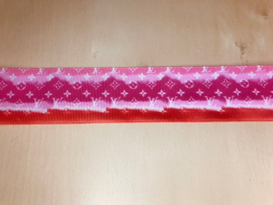 1-1/2" Wide Louis Vuitton LV Logo Red & Pink Fade Tie Dye Rouge Printed Grosgrain Ribbon