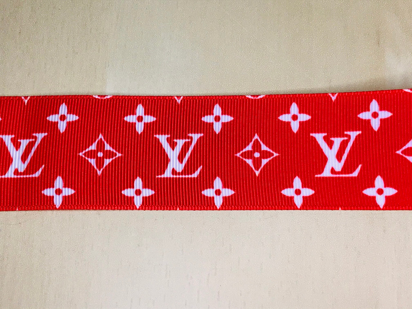 1-1/2" Wide Famous Red and White Designer LV Louis Vuitton Logo Grosgrain Ribbon