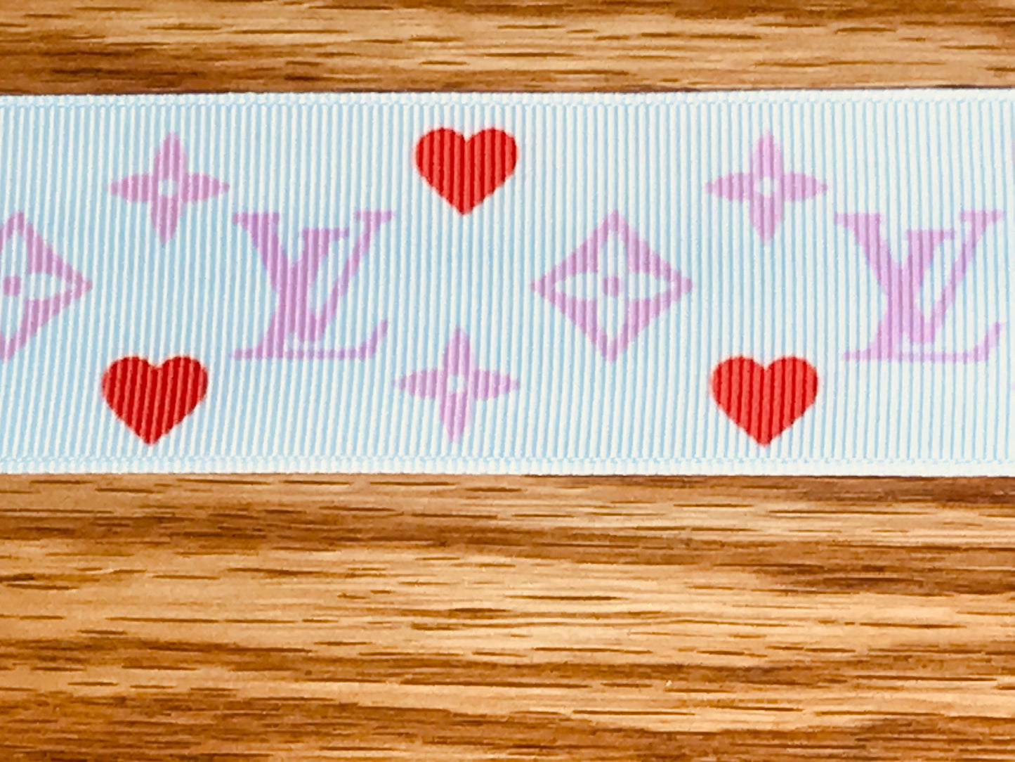1-1/2" Wide Famous Designer LV Louis Vuitton Logo With Hearts Valentine's Day Love Grosgrain Ribbon