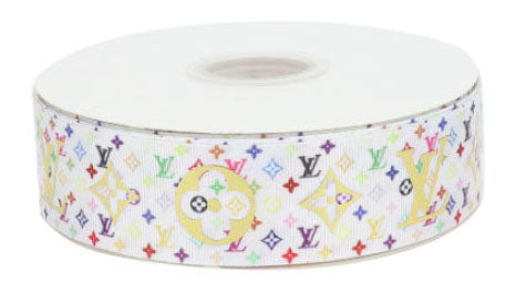 1-1/2" Wide Famous White with Multi Color Printing and Gold Foil Hologram Designer Louis Vuitton LV Classic Logo Grosgrain Ribbon