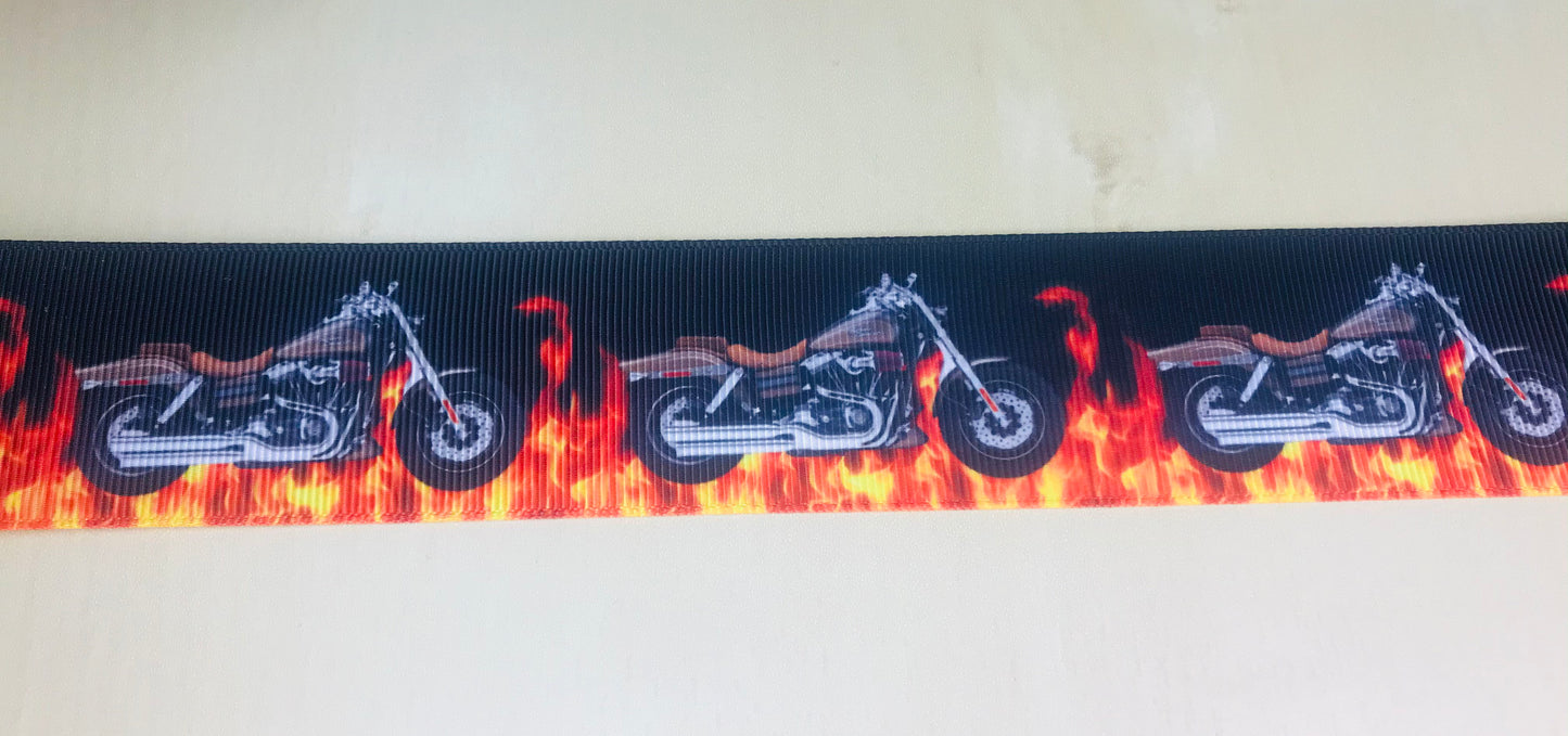 1-1/2" Wide Various Harley Davidson Motorcycles On Flaming Road Printed Grosgrain Ribbon