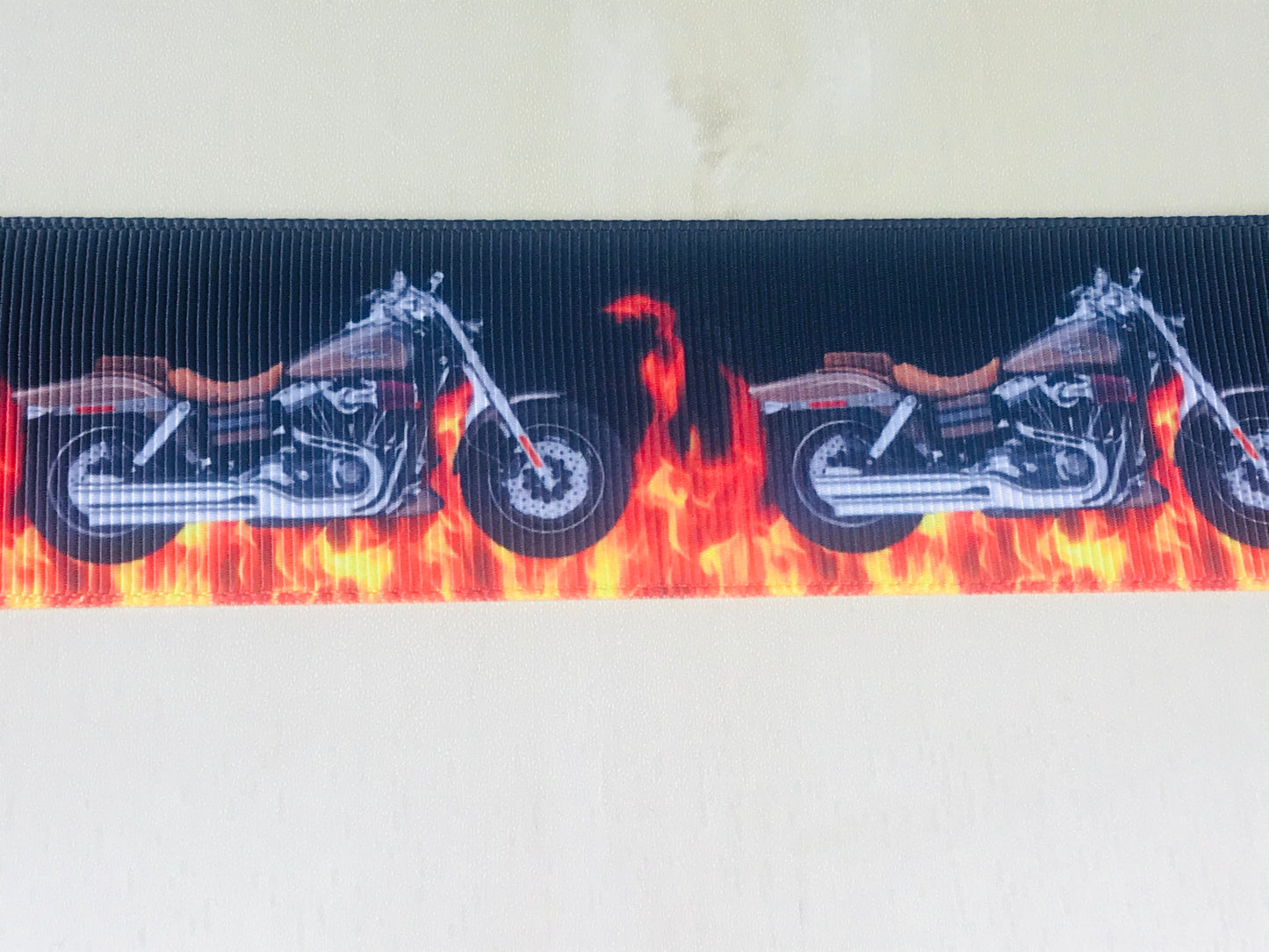 1-1/2" Wide Various Harley Davidson Motorcycles On Flaming Road Printed Grosgrain Ribbon