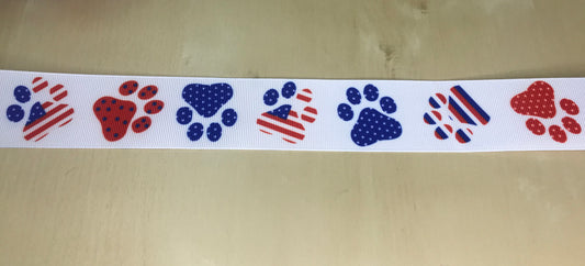 SALE 1-1/2" Wide Patristic Paw Prints Cat & Dog Red, White & Blue Printed Grosgrain Ribbon