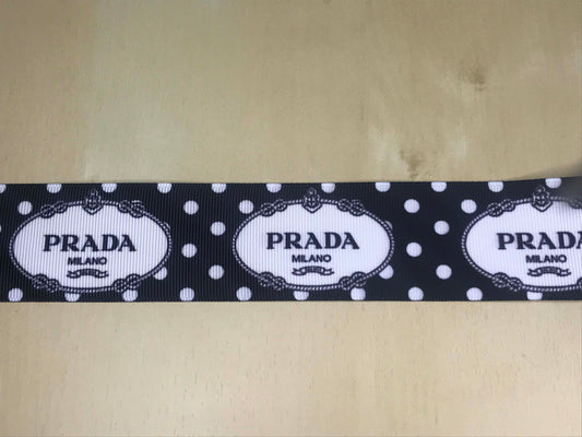 1-1/2" Wide Famous Italian Designer Prada Logo Black with White Grosgrain Ribbon