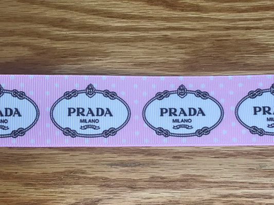 1-1/2" Wide Famous Italian Designer Prada Logo Pink with White Grosgrain Ribbon