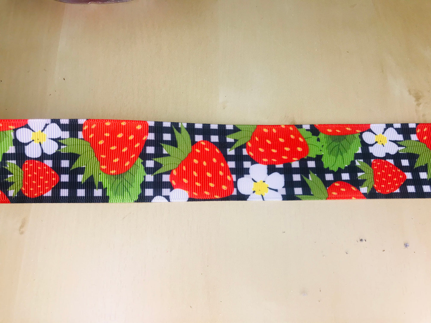SALE 1-1/2" Wide Strawberries and Buffalo Black and White Checkered Printed Grosgrain Ribbon
