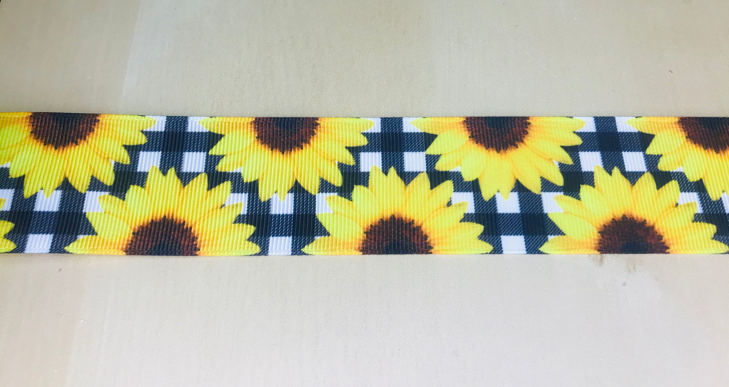 SALE 1-1/2" Wide Sunflower Buffalo Checkered Printed Grosgrain Ribbon