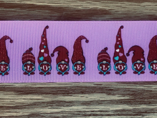 SALE 1-1/2" Wide Valentine's Day Love Gnomes Printed Grosgrain Ribbon