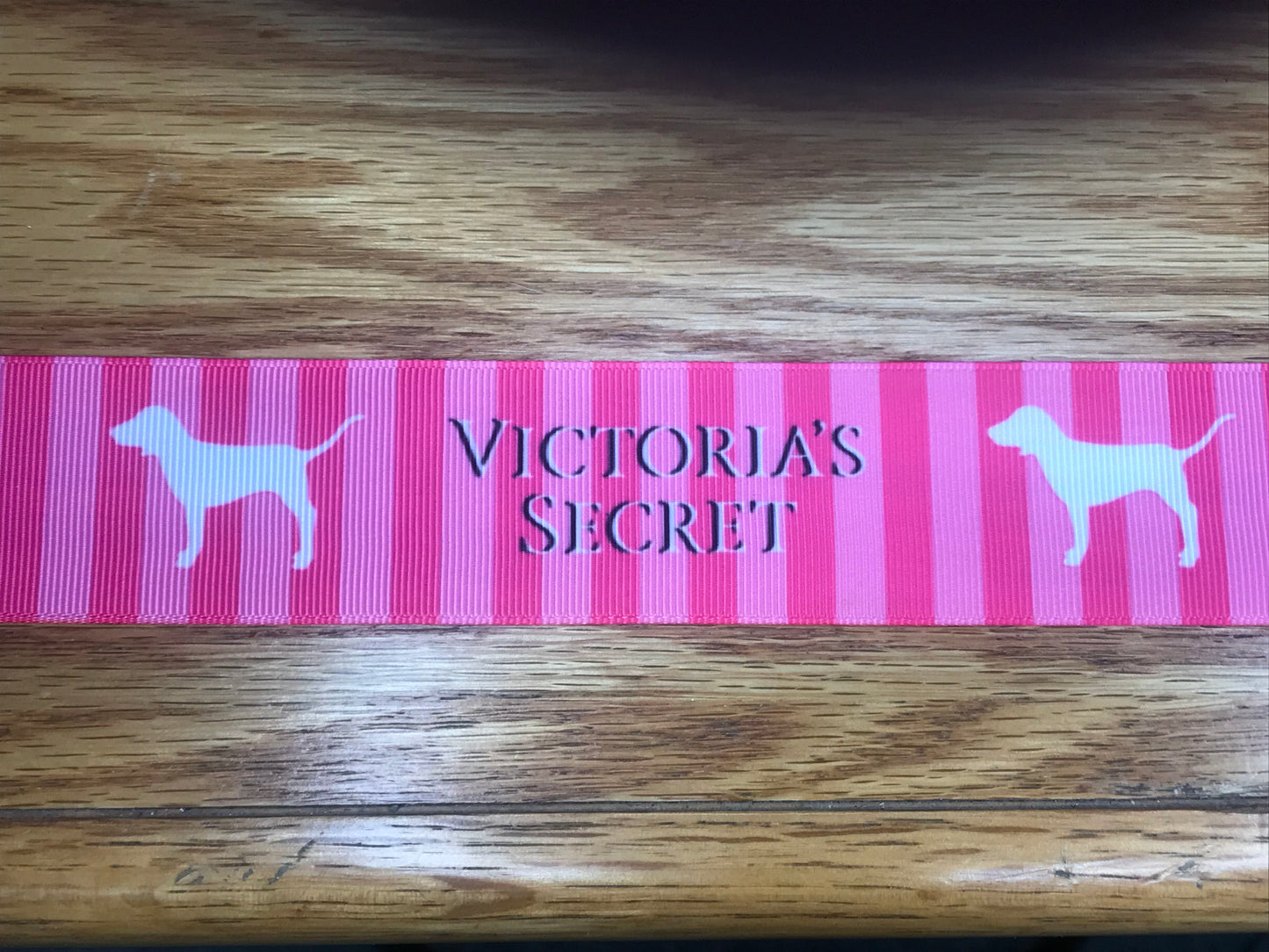 1-1/2" Wide Victoria's Secret Pink Stripes with Dog Printed Grosgrain Ribbon