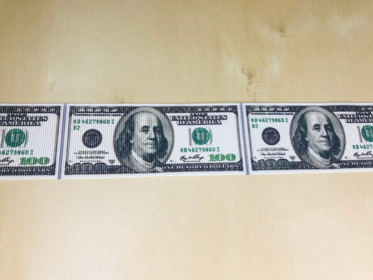 SALE 1-1/2" Wide US One Hundred Dollar Bill $100 Ben Franklin C Note Printed Grosgrain Ribbon