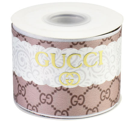 3" Wide Gucci Logo With White Lace Design & Gold Foil Printing On Grosgrain Ribbon