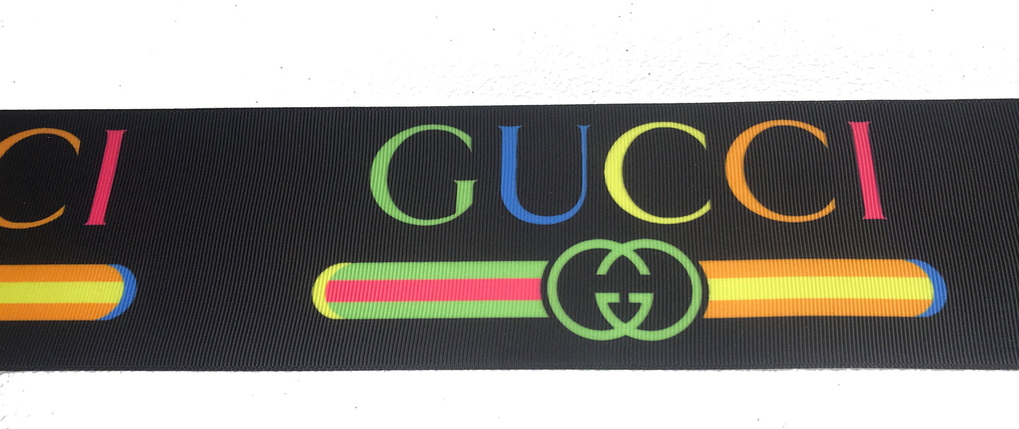 3" Wide Famous Brand Designer Gucci Black Grosgrain Ribbon With Primary Colors