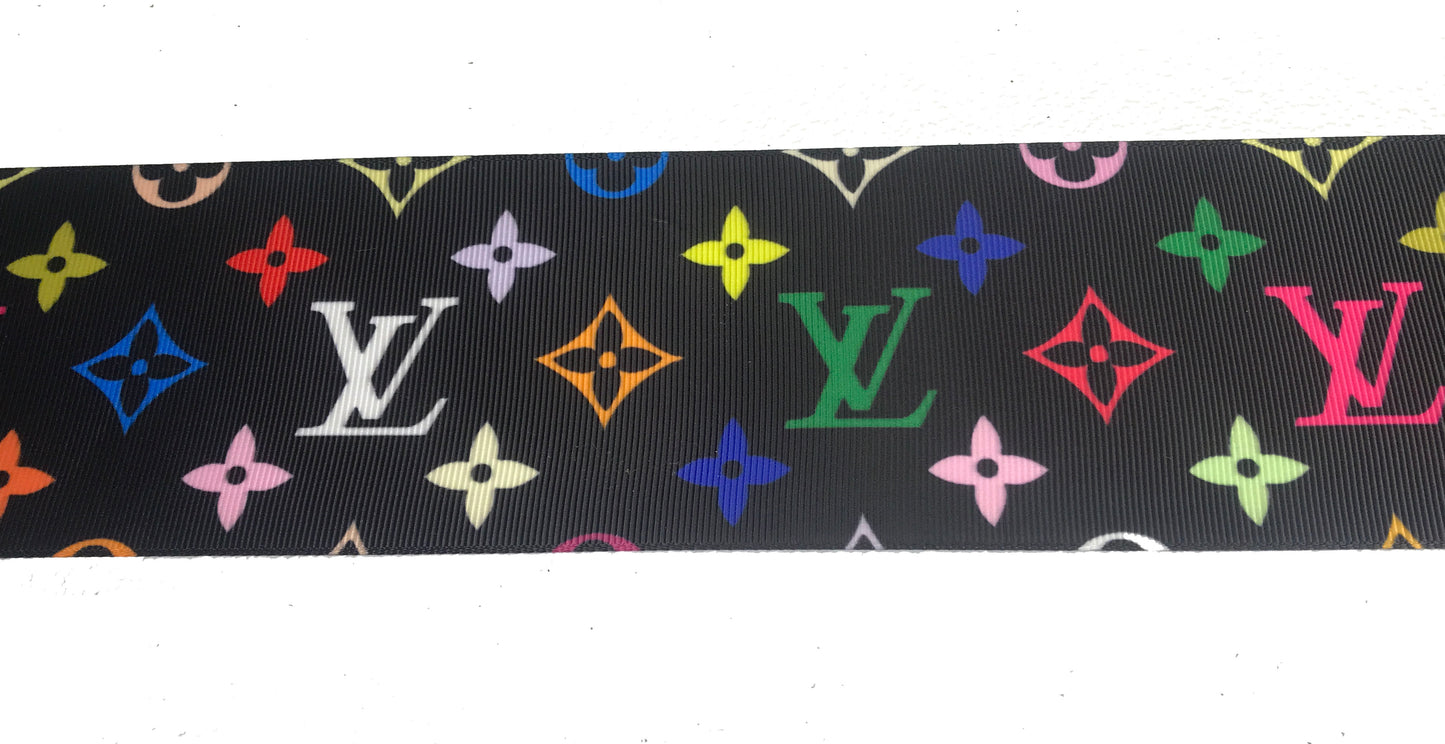 3" Wide Famous Black with Multi-Color Designer Louis Vuitton LV Logo Grosgrain Ribbon