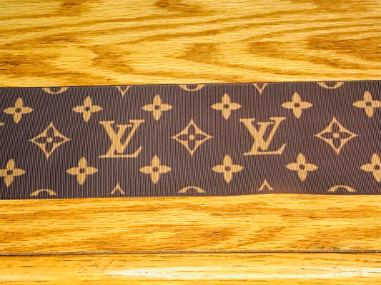 3" Wide Famous Brown and Gold Designer Brand Louis Vuitton LV Logo Grosgrain Ribbon