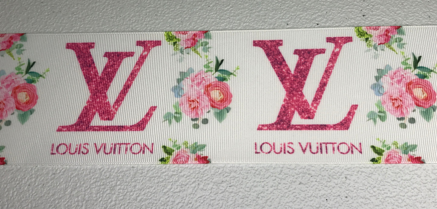 3" Wide Famous Floral Print Designer Louis Vuitton Inspired Logo Grosgrain Ribbon