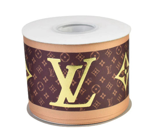 3" Wide Famous Brown with Gold Color Foil Hologram Designer Louis Vuitton LV Classic Logo Grosgrain Ribbon
