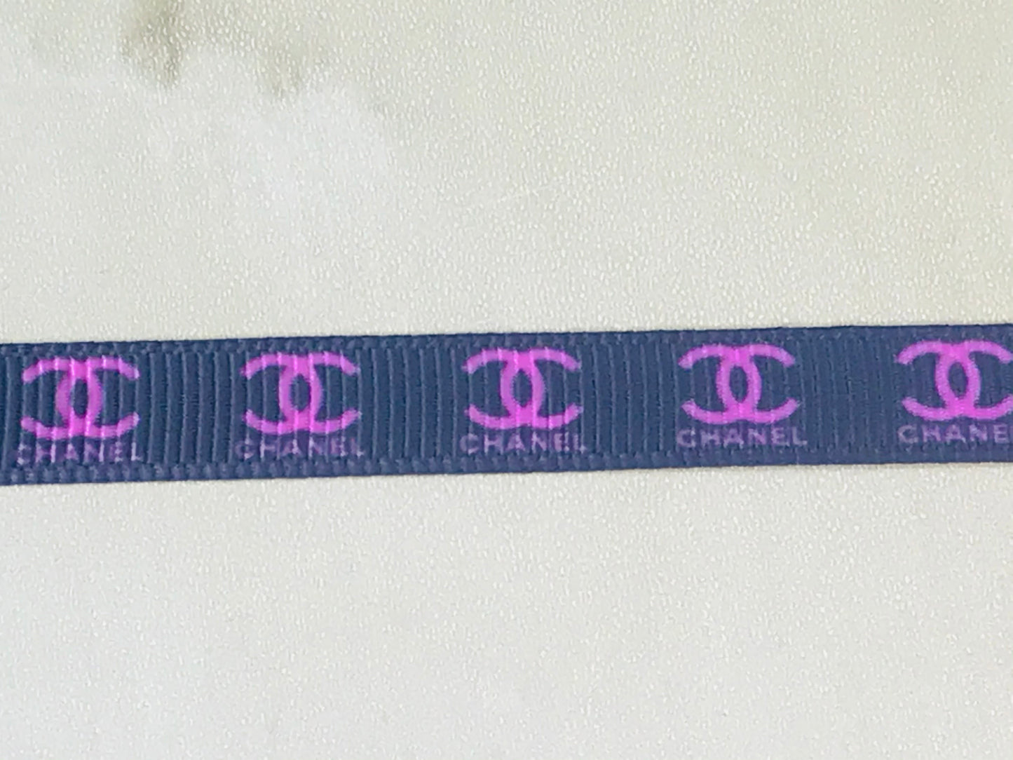 3/8" Wide Black and Hot Pink Designer Logo Grosgrain Ribbon