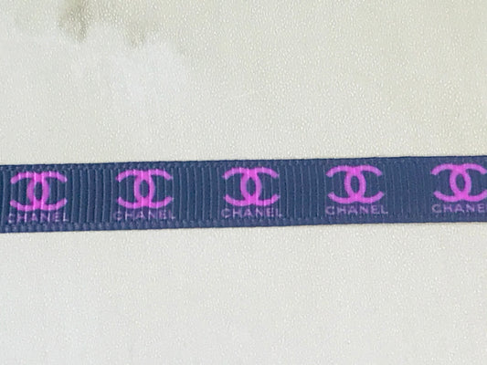 3/8" Wide Black and Hot Pink Designer Logo Grosgrain Ribbon